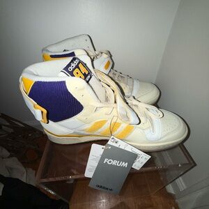 Adidas Forum 84 High-Tops in Cream, Yellow, and Purple